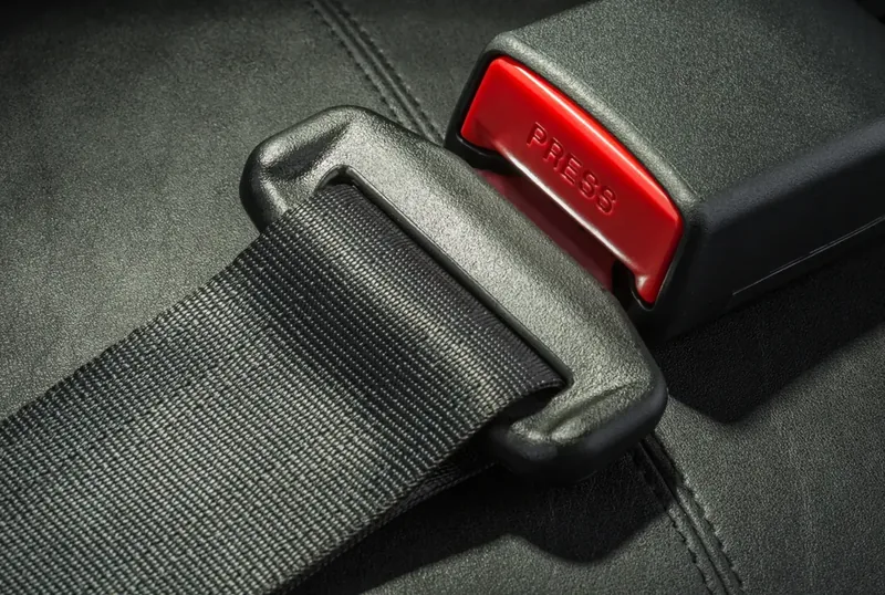 Seat belt webbing feeding into a buckle with a red release button on a dark vehicle seat.